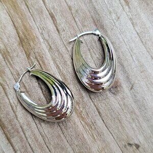 Solid 14k White Gold JCM Tapered Ridged Textured Hoop Earrings, everyday jewelry